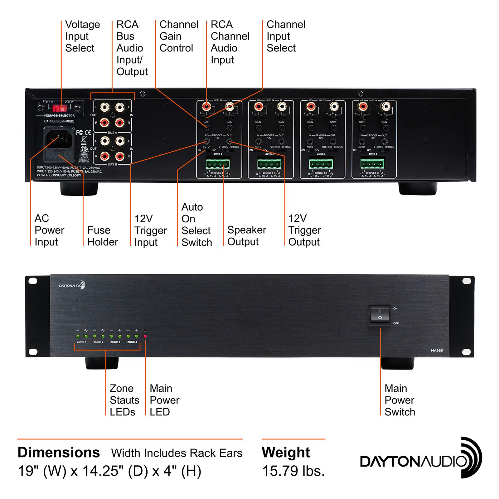 Dayton Audio MA880 4 Input 80W X 8 Channel Class D Amplifier
